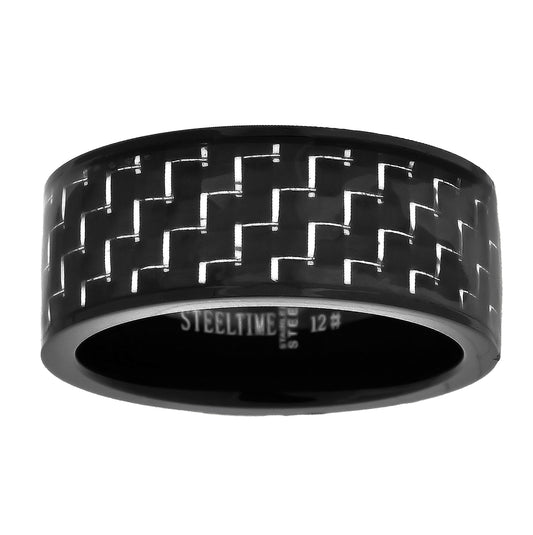 Stainless Steel Black-tone Mens Carbon Fiber Inlay Comfort-fit Bridal Anniversary Wedding Engagement Band Ring