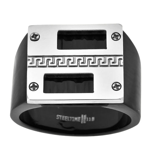 Stainless Steel Black-tone Mens Greek Key Pattern Comfort-fit Fashion Bridal Anniversary Wedding Engagement Band Ring