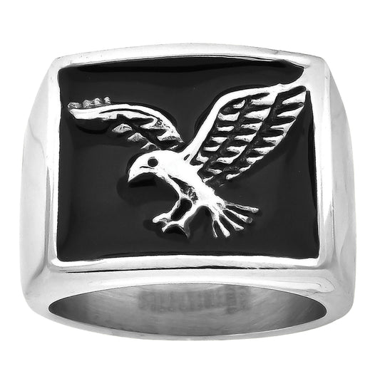 Stainless Steel Mens Eagle Square Head Black Enamel Fashion Comfort-fit Bridal Anniversary Wedding Engagement Band Ring