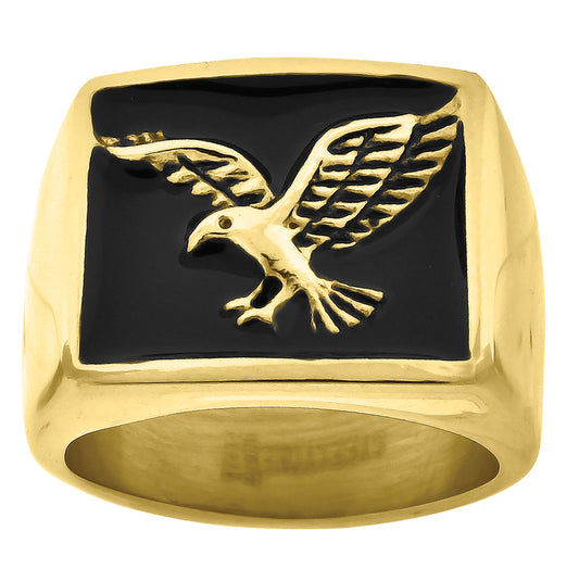 Stainless Steel Yellow-tone Mens Eagle Square Head Black Enamel Fashion Comfort-fit Bridal Anniversary Wedding Engagement Band Ring