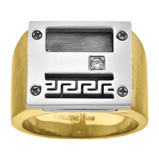 Stainless Steel Yellow-tone Mens Cubic-Zirconia Greek Key Pattern Comfort-fit Fashion Bridal Anniversary Wedding Engagement Band Ring