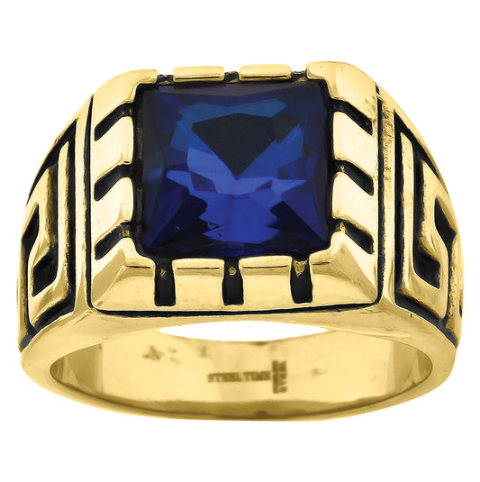 Stainless Steel Yellow Mens Blue Princess-Cut Cubic-Zirconia Sizes 9 - 12 Comfort-fit Fashion Bridal Anniversary Wedding Engagement Band Ring