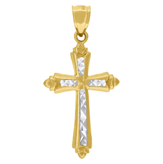 10K Gold Two-Tone Diamond-Cut Mens Cross Religious Charm Pendant
