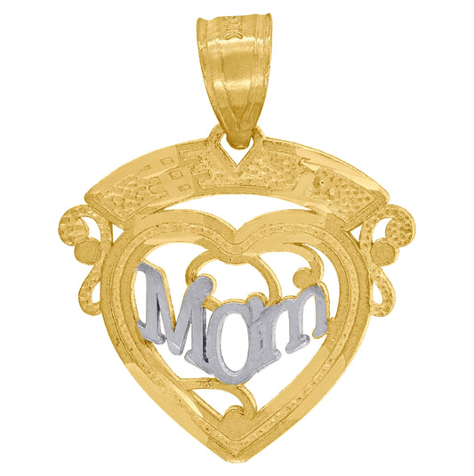 10K Gold Two-Tone Diamond-Cut Womens Heart Mom Charm Pendant