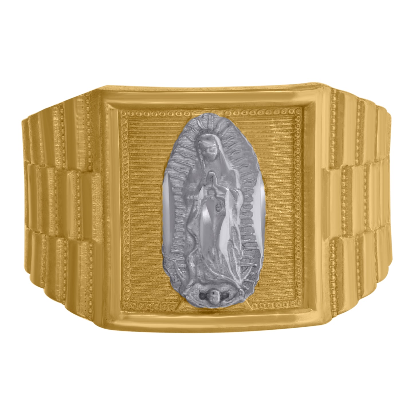 10K Two-Tone Gold Mens Textured Lady Of Guadalupe Religious Ring
