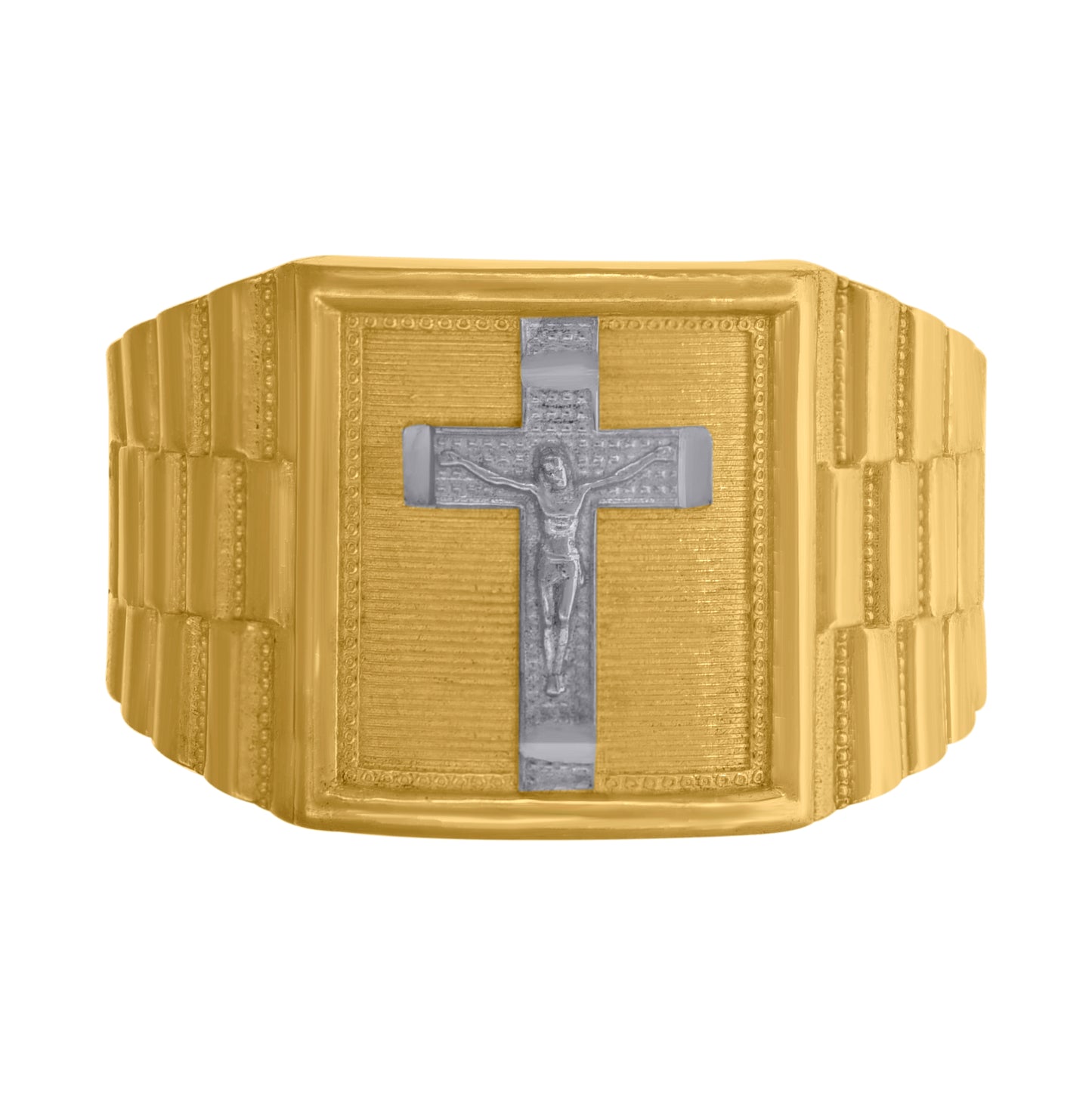 10K Two-Tone Gold Mens Textured Crucifix Cross Religious Ring