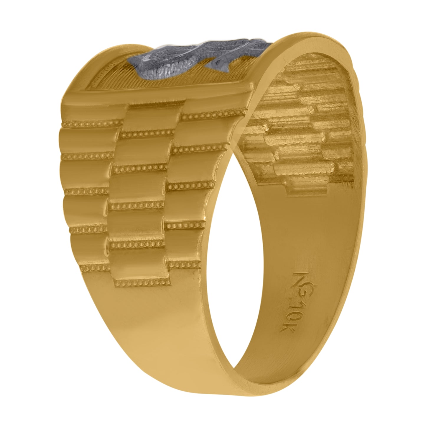 10K Two-Tone Gold Mens Textured Dollar Sign Square Head Ring
