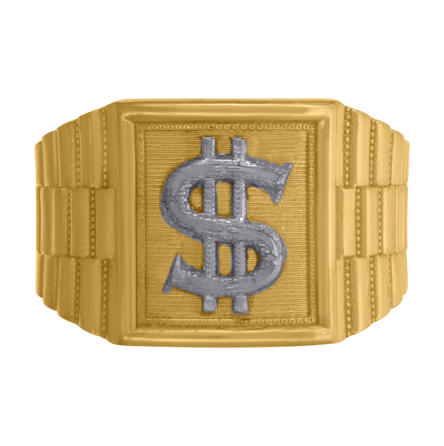 10K Two-Tone Gold Mens Textured Dollar Sign Square Head Ring
