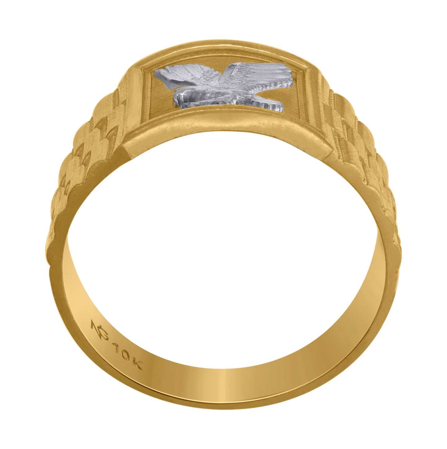 10K Two-Tone Gold Mens Textured Landing Eagle Square Head Ring