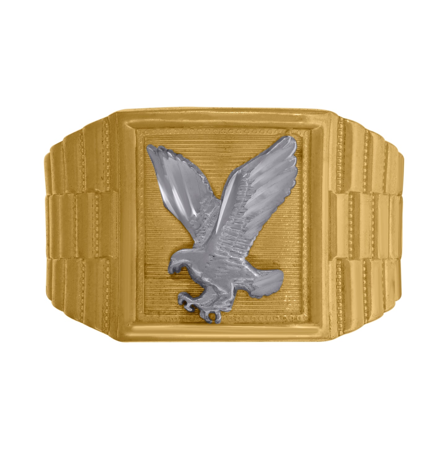 10K Two-Tone Gold Mens Textured Landing Eagle Square Head Ring