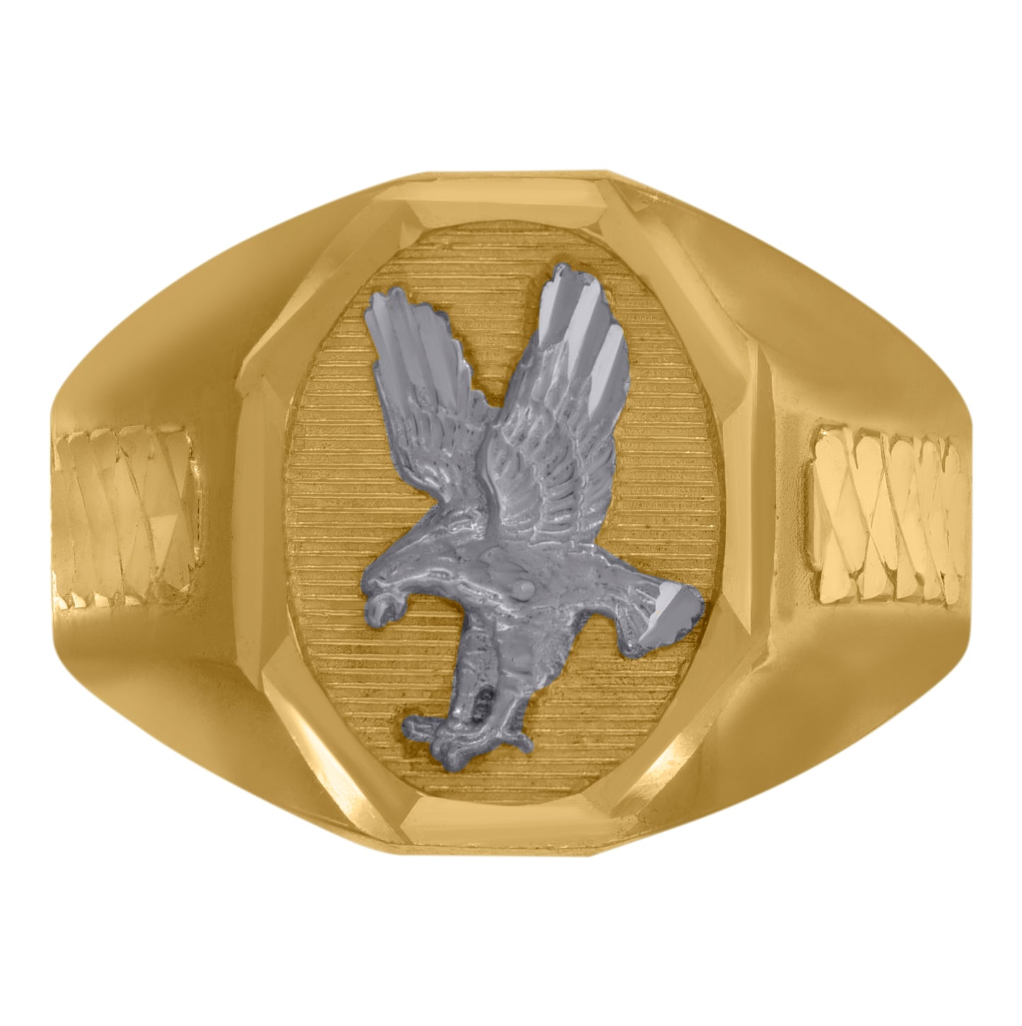 10K Two-Tone Gold Mens Diamond Cut Textured Landing Eagle Ring