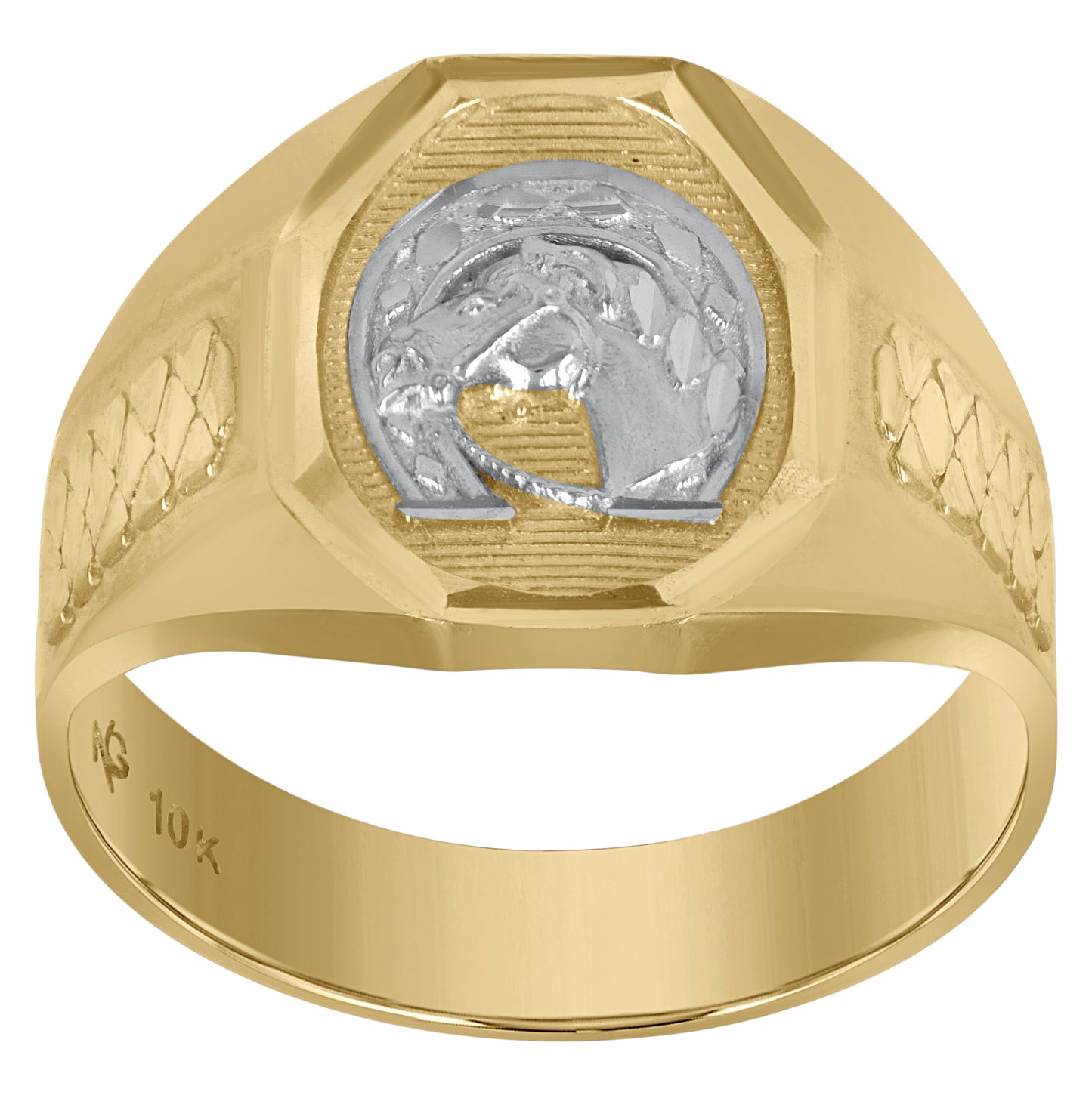 10K Two-Tone Gold Mens Diamond Cut Textured Horseshoe Oval Signet Ring