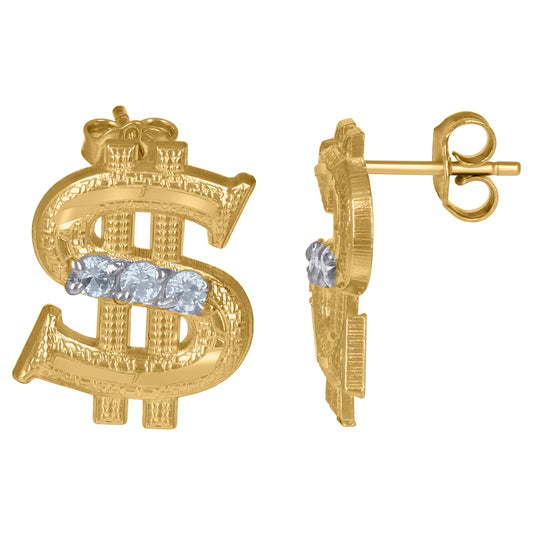 10K Gold Two-Tone Cubic-Zirconia Mens Dollar Sign Push Back Studs