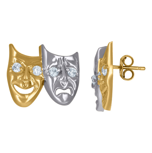 10K Gold Two-Tone Cubic-Zirconia Mens Comedy Tragedy Mask 15.8mm X 13.9mm Push Back Studs