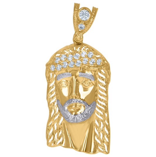 10K Two-Tone Gold Mens Cubic Zirconia Jesus Religious Charm Pendant