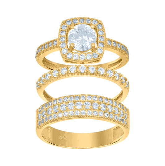 10K Two-Tone Gold Womens Round Cubic Zirconia Halo Trio Ring Set