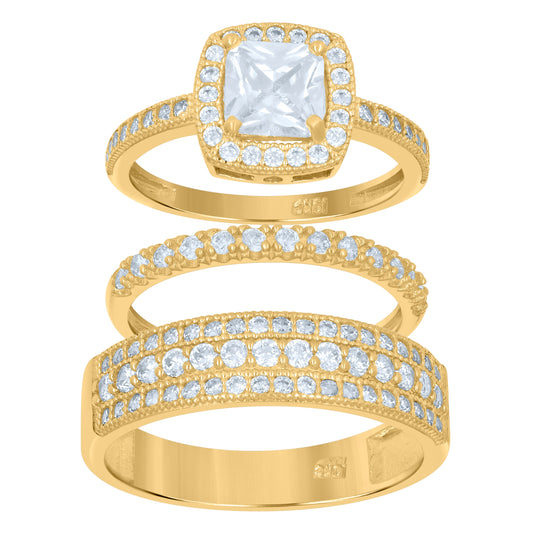 10K Two-Tone Gold Womens Princess-Cut Cubic Zirconia Halo Trio Ring Set