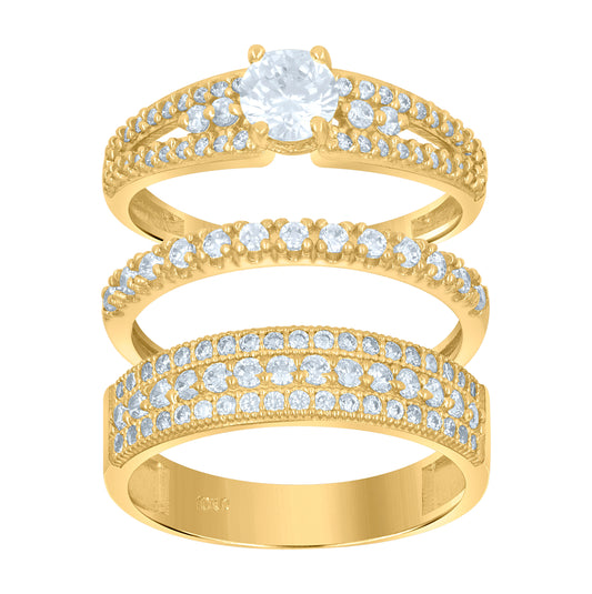 10K Two-Tone Gold Womens Round Cubic Zirconia Trio Ring Set