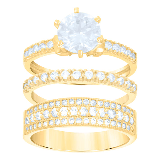 10K Two-Tone Gold Womens Round Cubic Zirconia Halo Trio Ring Set
