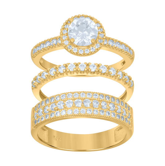10K Two-Tone Gold Womens Round Cubic Zirconia Halo Trio Ring Set