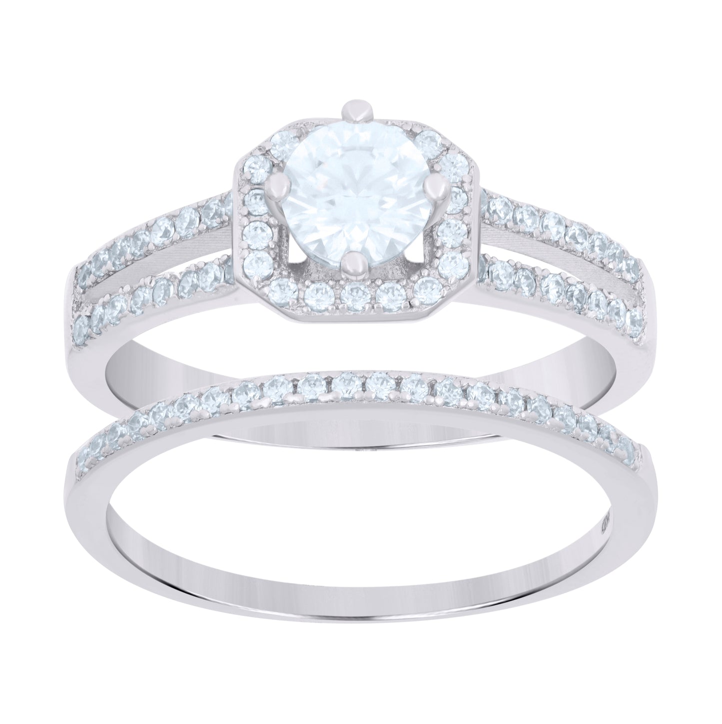 Sterling Silver Women's Cubic-Zirconia Duo Bridal Anniversary Wedding Engagement Band Ring Set