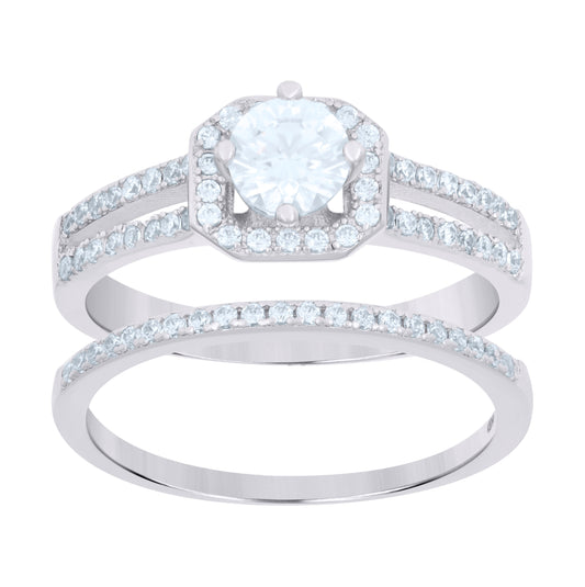 Sterling Silver Women's Cubic-Zirconia Duo Bridal Anniversary Wedding Engagement Band Ring Set