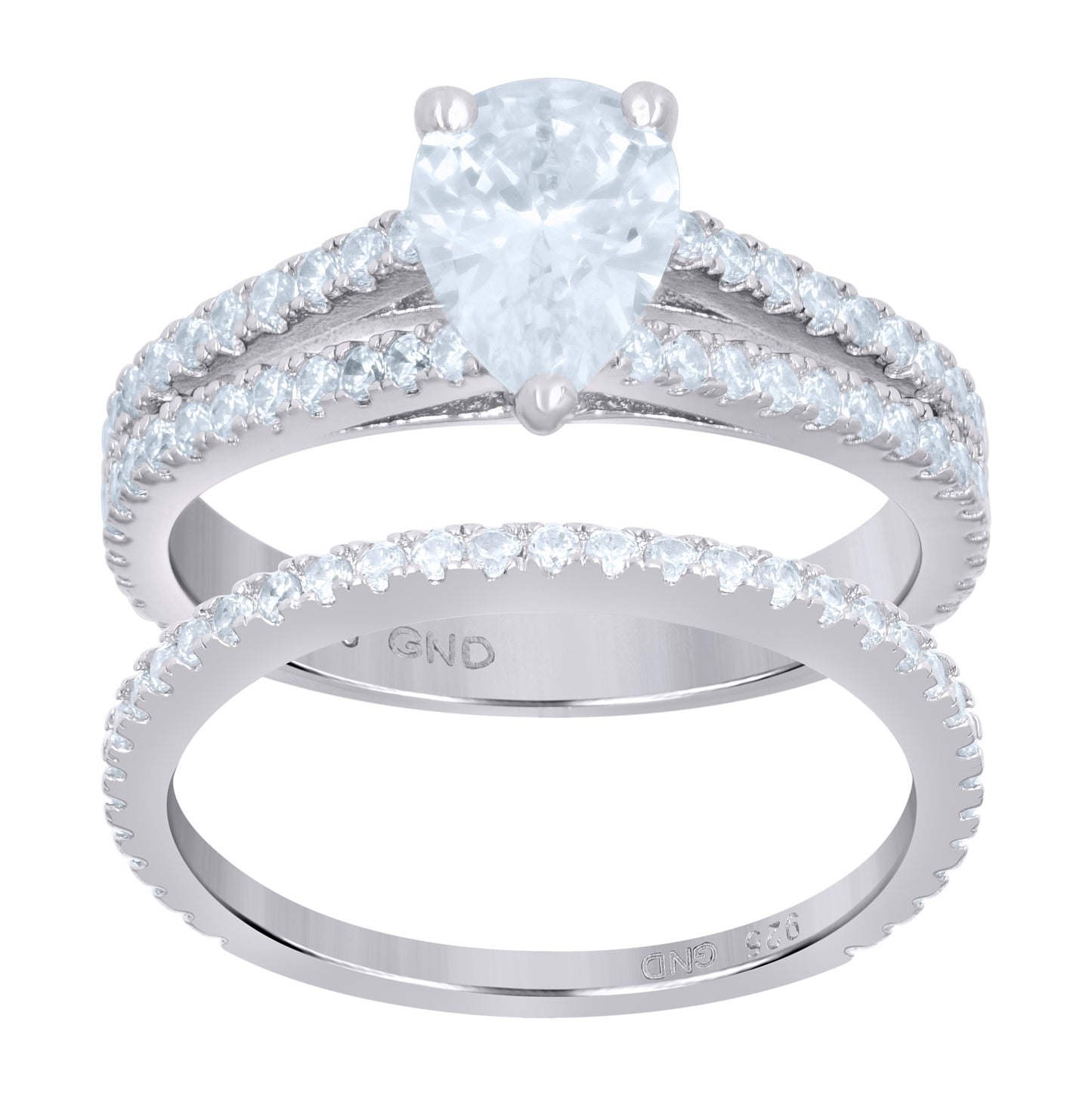 Sterling Silver Womens Pear Round Cubic-Zirconia Pear Duo Bridal Anniversary Wedding Engagement Band Ring Set