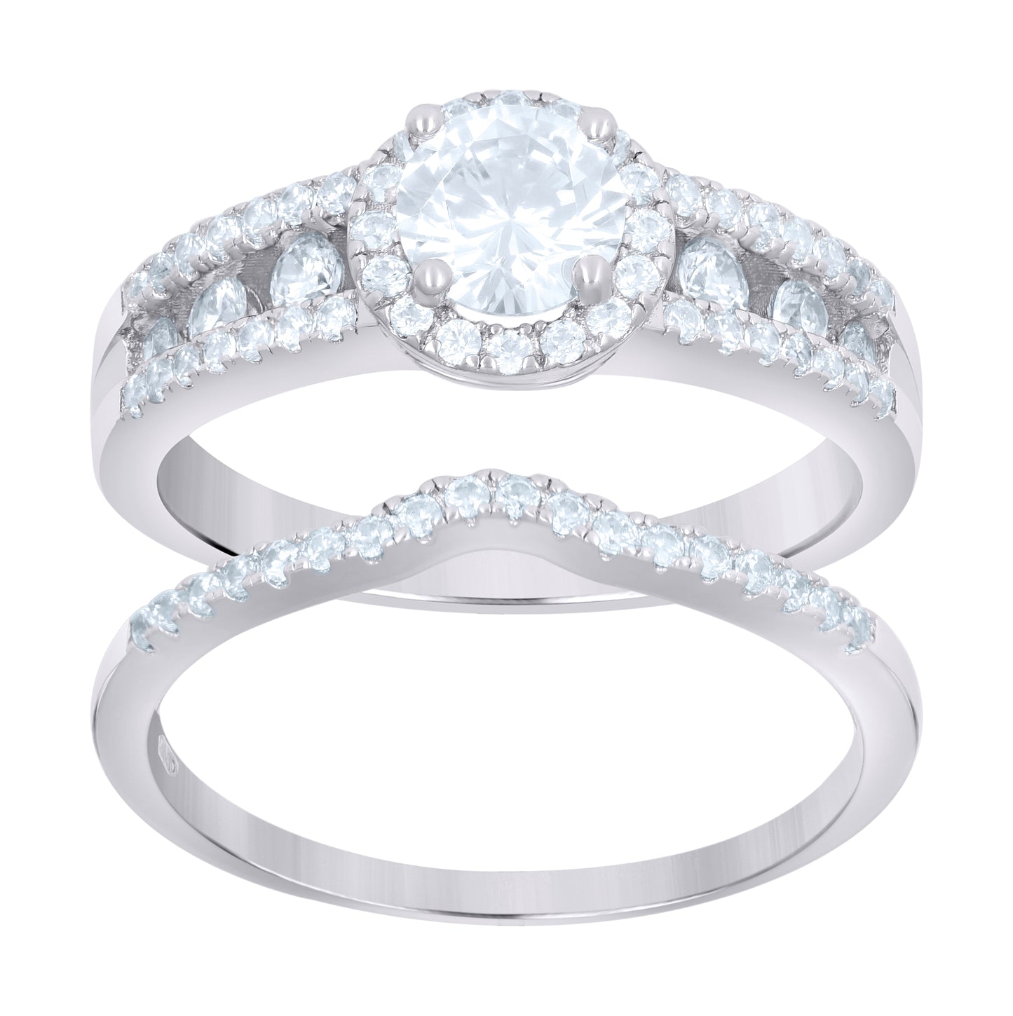 Sterling Silver Women's Cubic-Zirconia Duo Bridal Anniversary Wedding Engagement Band Ring Set