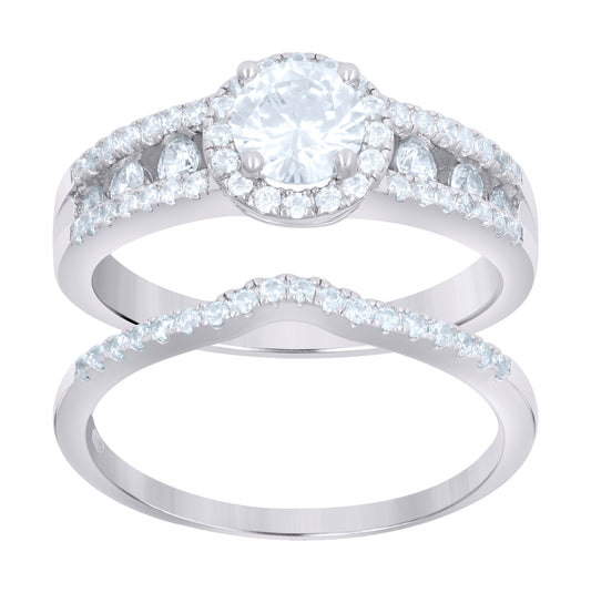 Sterling Silver Women's Cubic-Zirconia Duo Bridal Anniversary Wedding Engagement Band Ring Set