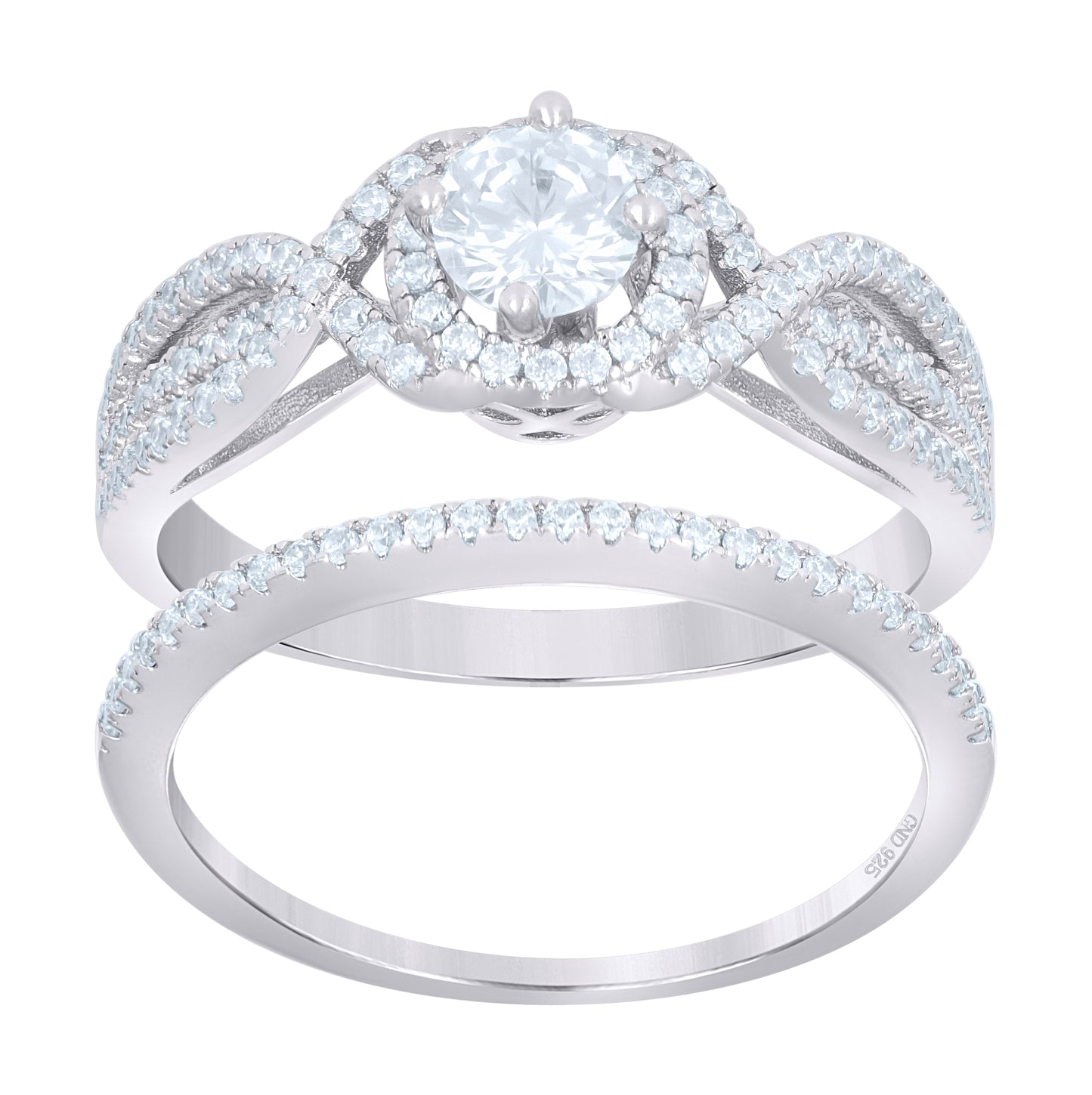 Sterling Silver Women's Cubic-Zirconia Duo Bridal Anniversary Wedding Engagement Band Ring Set