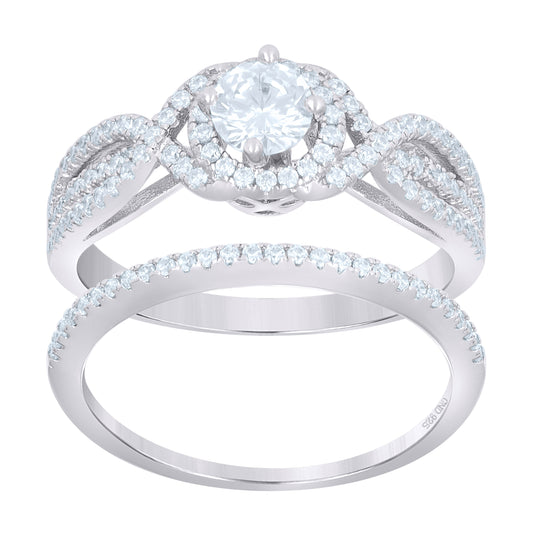 Sterling Silver Women's Cubic-Zirconia Duo Bridal Anniversary Wedding Engagement Band Ring Set