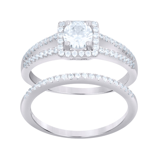 Sterling Silver Women's Cubic-Zirconia Duo Bridal Anniversary Wedding Engagement Band Ring Set