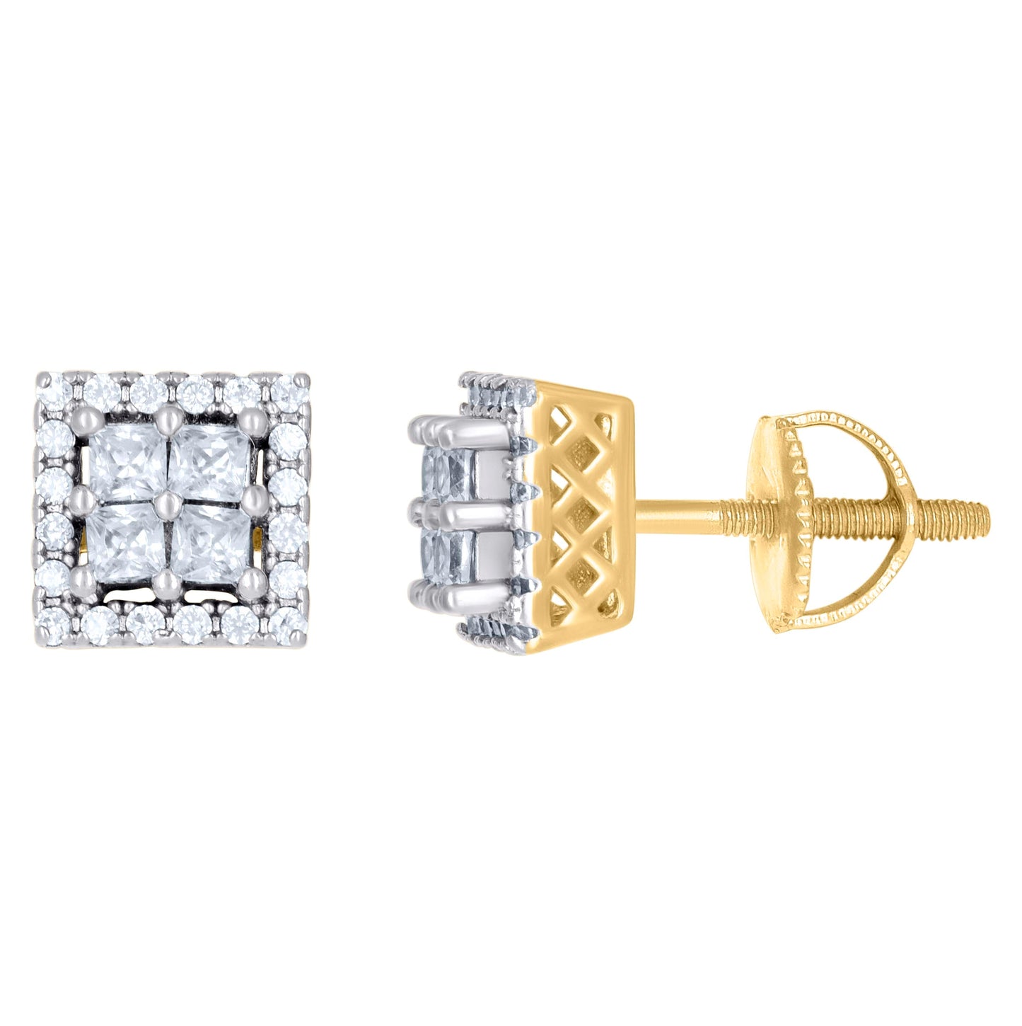 Sterling Silver Or Yellow-Tone Unisex Princess-Cut Cubic-Zirconia Square Fashion Stud Earrings