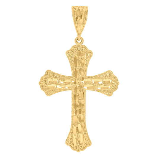 10K Yellow Gold Mens Women Nugget Textured Cross Religious Charm Pendant