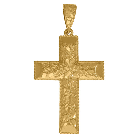 10K Yellow Gold Diamond-Cut Nugget Mens Cross Religious Charm Pendant