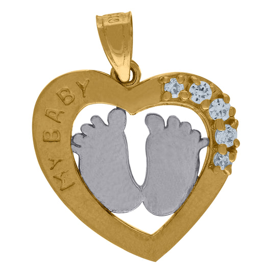 10K Yellow Gold Womens Cubic Zirconia Cubic-Zirconia Baby Footprint My Baby Heart Charm Pendant