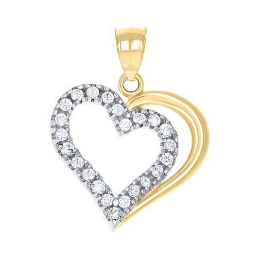 10K Gold Two-Tone Cubic-Zirconia Womens Love Heart Charm Pendant