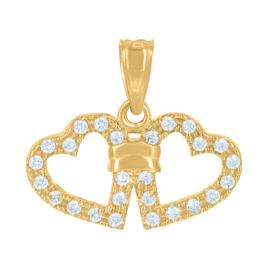 10K Two-Tone Gold Womens Cubic Zirconia Cubic-Zirconia Double Heart Charm Pendant
