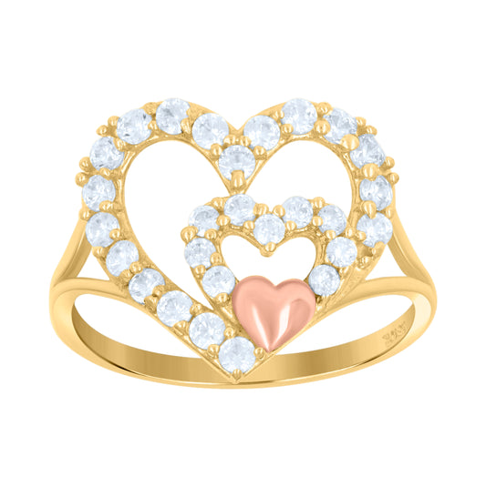 10K Gold Womens Tri-Color Cubic-Zirconia Three Heart Band Ring