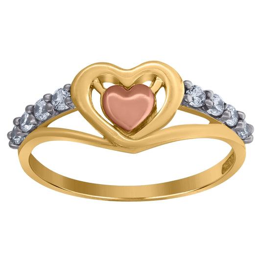 10K Gold Womens Tri-Color Cubic-Zirconia 2mm Heart Band Ring