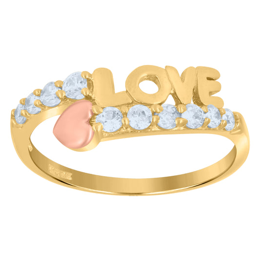 10K Gold Womens Tri-Color Cubic-Zirconia Love Heart Band Ring