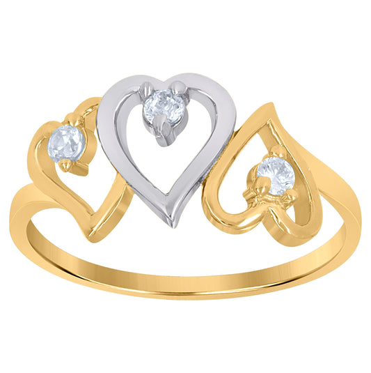 10K Gold Womens Two-Tone Cubic-Zirconia Three Heart Band Ring