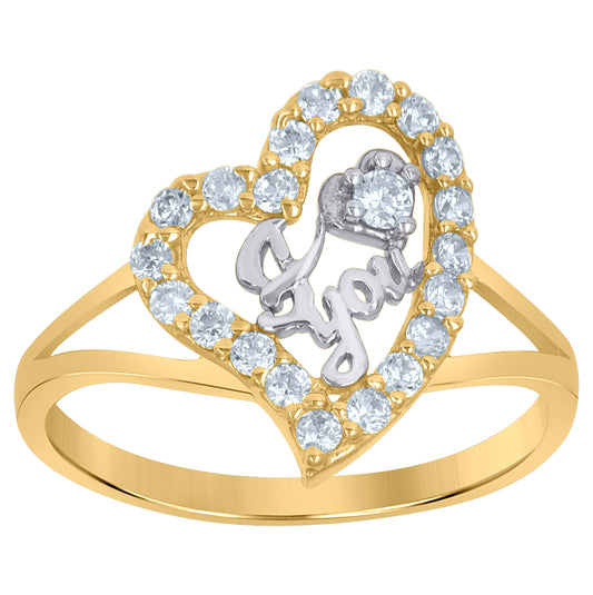 10K Gold Womens Two-Tone Cubic-Zirconia Split Shank I Love You Heart Band Ring