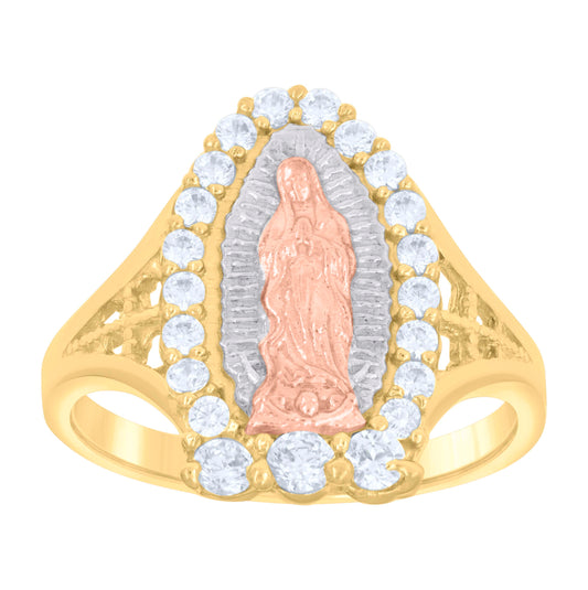 10K Tri-Color Gold Womens Round Cubic Zirconia Lady Of Guadalupe Religious Ring
