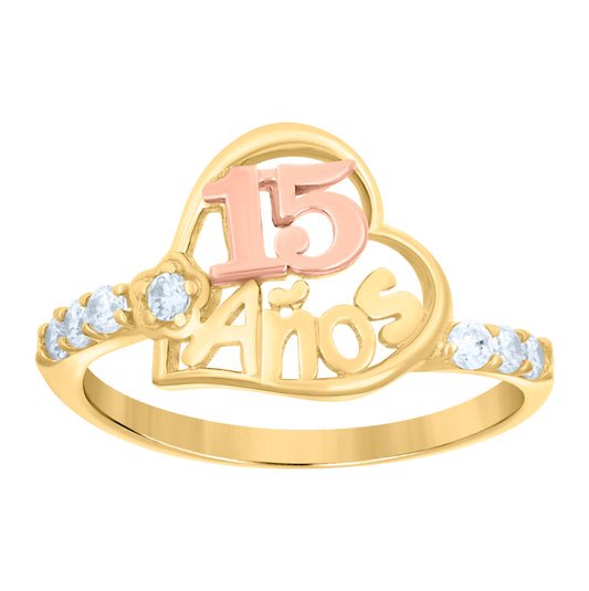 10K Gold Womens Tri-Color Cubic-Zirconia 15 Anos Heart Flower Quinceanera Band Ring