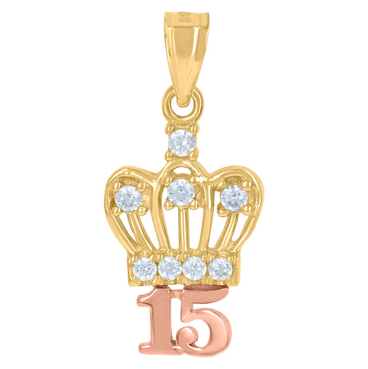 10K Tri-Color Gold Womens Cubic Zirconia Cubic-Zirconia Sweet 15 Anos Quinceanera Charm Pendant