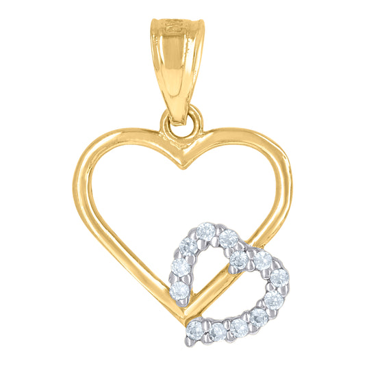 10K Two-Tone Gold Womens Cubic Zirconia Cubic-Zirconia Double Hearts Love Charm Pendant