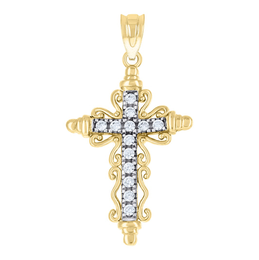 10K Gold Two-Tone Cubic-Zirconia Womens Cross Religious Charm Pendant