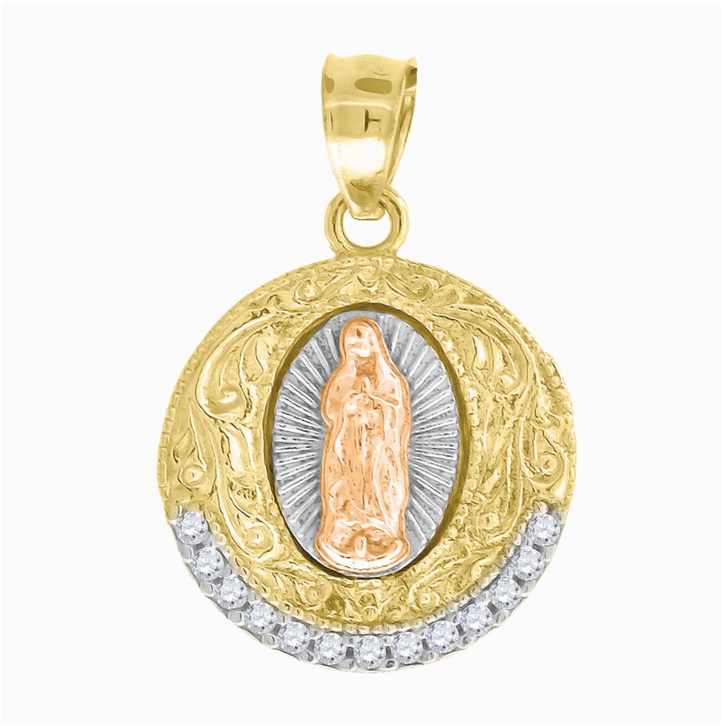 10K Tri-Color Gold Mens Women Cubic Zirconia Cubic-Zirconia Lady Of Guadalupe Religious Charm Pendant