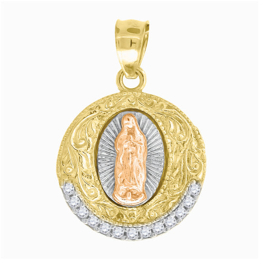 10K Tri-Color Gold Mens Women Cubic Zirconia Cubic-Zirconia Lady Of Guadalupe Religious Charm Pendant